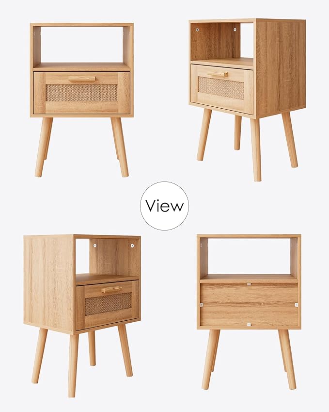 Aienvey Rattan Nightstand, Small Night Stand, Side Table with Drawer Open Shelf, Cane Accent Bedside End Table with Wood Legs, Mid Century Modern Nightstand for Bedroom, Oak (Mid-Century Modern)