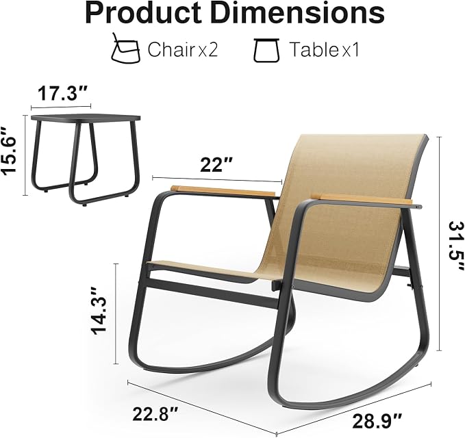 Aiho 3-Piece Patio Furniture Set, Outdoor Furniture with Textilene Fabric Rocker Chairs with Coffee Table, Patio Bistro Sets for Garden, Balcony, Poolside(Brown)