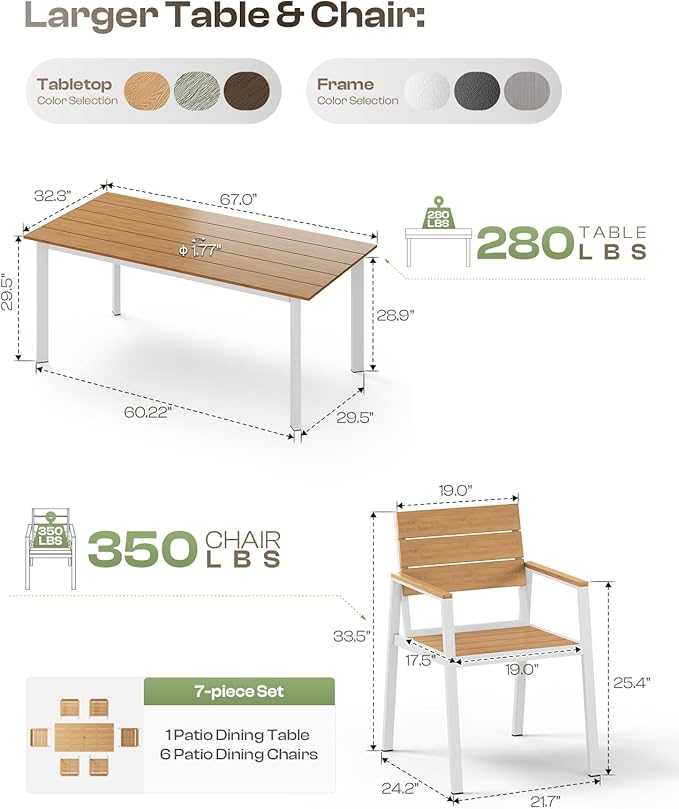 Outdoor Dining Set, Patio Table and Chairs Set with Umbrella Hole, 7 Pieces HDPS + Aluminum Patio Dining Furniture Set for Backyard, Garden (White & Teak)