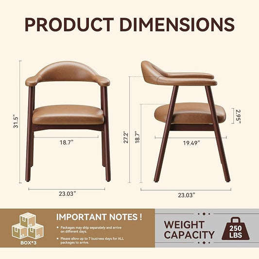 MALOL Leather Dining Chair with Armrest Set of 6, Upholstered Dining Room Chair with Curved Back and Wood Legs, Mid Century Modern Kitchen Chairs for Kitchen Dining Room