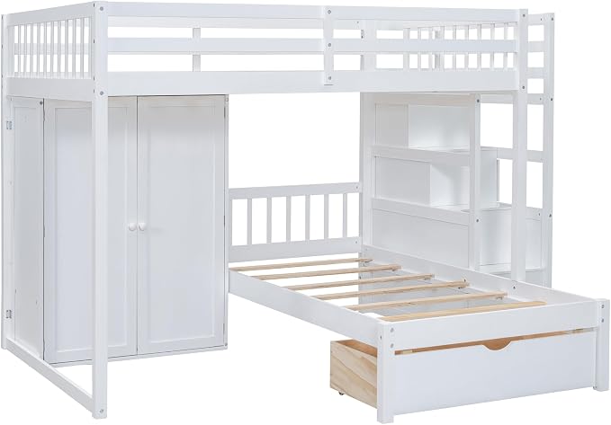 Ball & Cast Full Over Twin Bunk Bed with Safty Guardrail & Storage Stair,Wood Loft Bedframe W/Wardrobe & Drawers,Space-Saving Design,Easy Assembly,Versatile Furniture for Boy Girl Teen Bedroom,White