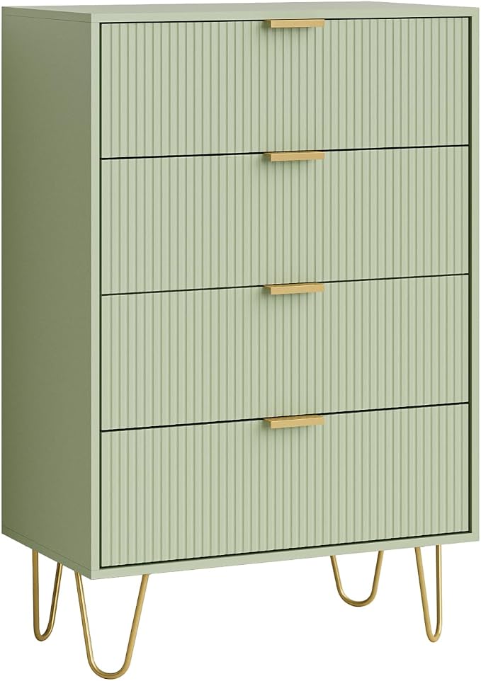 Masupu 4 Drawer Dresser, Drawer Chest, Tall Storage Dresser Chest Cabinet Organizer Unit with Gold Metal Legs, Nightstand for Bedroom, Living Room, Closet, Hallway Green Stripe