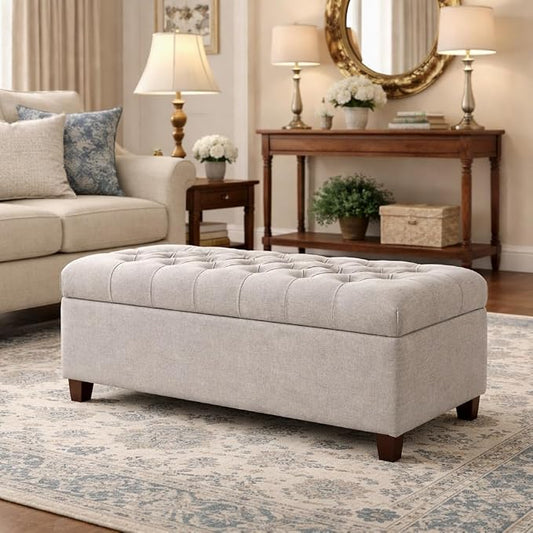 Homepop Home Decor | Tufted Ainsley Button Storage Ottoman Bench with Hinged Lid | Ottoman Bench with Storage for Living Room & Bedroom, Grey