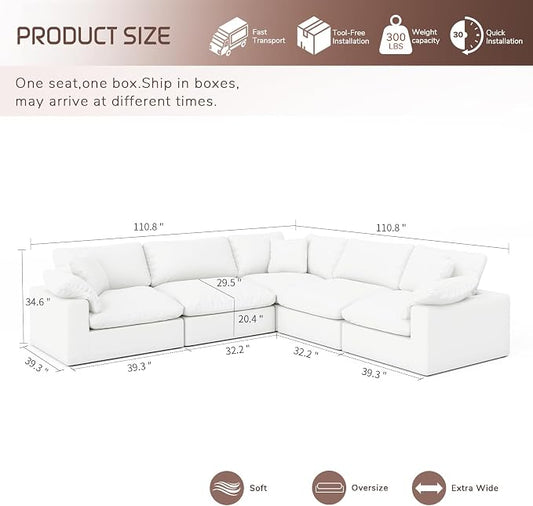 Cloud Modular Sectional Sofa,211.6" Down Filled Sofa 5 Seat with Chaise,Minimalist Sofa Cover Washable and Replaceable Couches for Living Room,Sectional Sofa Deep Seat White