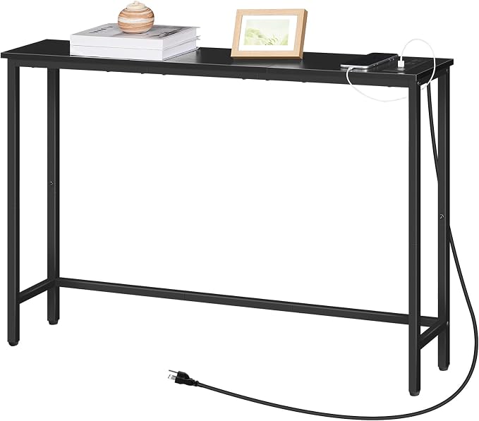 HOOBRO Narrow Console Table with Power Outlets, 44.9 Inches Sofa Table, Slim Behind Couch Table, Entryway Table with Display Shelf, for Living Room, Foyer, Hallway, Black BB114UXG01