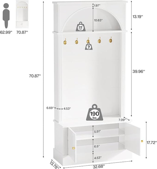 Tribesigns Hall Tree with Bench and Shoe Storage, 4-in-1 Design Entryway Bench with Coat Rack, 70.86" Tall Mudroom Rack with 5 Double Hooks and Adjustable Shelf for Hallway (White)