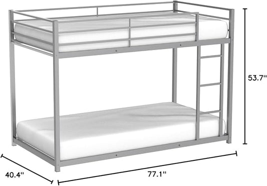Low Metal Bunk Bed Frame for Kids, with Built-in Ladder, High Guardrail and Metal Slats, Floor Bed Bottom Bunk, No Boxspring Required, for Small Spaces, Twin-Over-Twin (Silver)