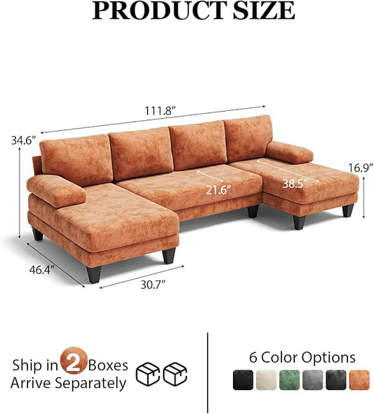 U-Shaped Sectional Couches for Living Room | 112 Inch Modern Sectional Couch | Orange Chenille Sofa with Double Chaise for Apartment