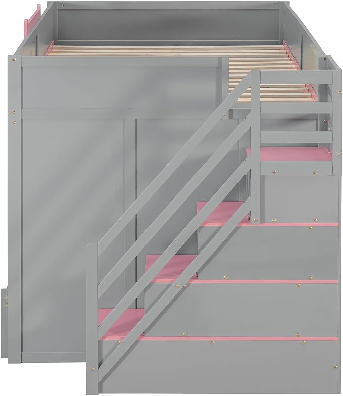 Wood Bunk Bed Full Over Full Size with Storage Staircase and Shelves, Bunk Beds Frame with Trundle and LED for Kids Teens, Space-Saving (Gray-12.15)