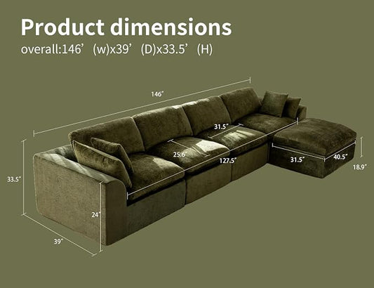 146" Modular Sectional Sofa – Modern Cloud Couch with Deep Chenille Seats, L-Shaped Boneless Sofa, Pet-Friendly, No Assembly, Olive Green (4 Seater + 1 Ottoman)