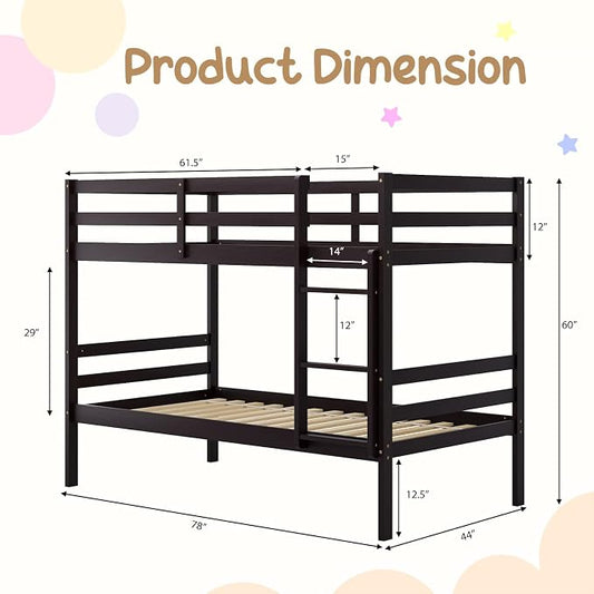 KOMFOTT Wood Bunk Bed Twin Over Twin, Bunk Bed with Ladder & Safety Guardrail, Solid Wood Bed Frame, Ideal for Dormitory & Multiple-Child Family, No Box Spring Needed, Kids Twin Bed