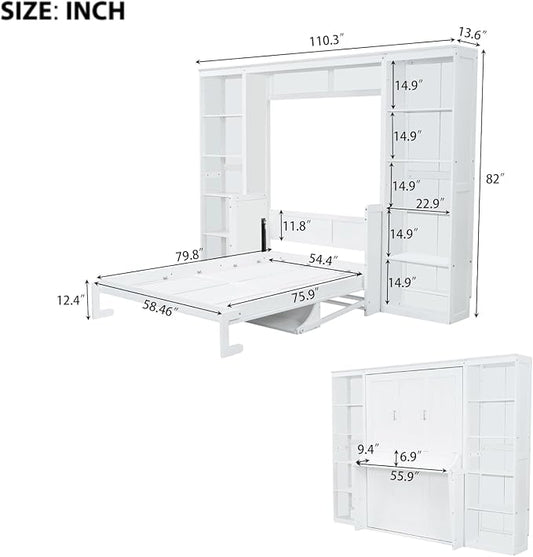 MERITLINE Full Murphy Bed with Desk and Storage Shelves, Wood Murphy Wall Bed Cabinet with with Storage Cabinet Vertical Units