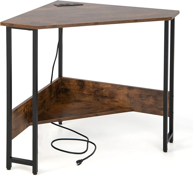 COSTWAY Corner Computer Desk, with USB Ports & Power Outlet, Storage Shelf for Small Space, Triangle Steel Frame Corner Desk for Home Office, Workstation (Rustic Brown)