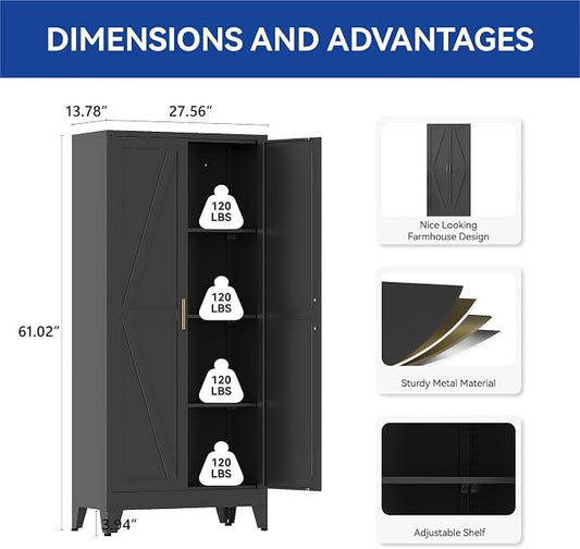 COFaR Metal Pantry Cabinet with Doors, Farmhouse 61'' Tall Storage Cabinet with 3 Adjustable Shelves, Kitchen Pantry Cabinet for Dinning Room, Garage, Laundry, Bathroom, Black 4-Tier