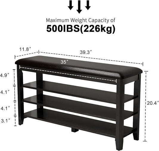 AQIMUELE Shoe Bench with Leather Cushion, 3 Tiers Shoe Storage Bench Height Adjustable, Walnut Wood Entryway Bench for Hallway, Mudroom