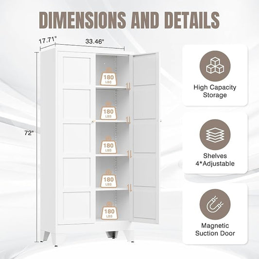 Yizosh Metal Storage Cabinet with 2 Doors and 4 Adjustable Shelves,- 72" White Kitchen Pantry Storage Cabinet for Kitchen,Living Room,Dining Room