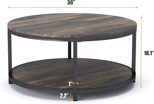NSdirect 36 inches Round Coffee Table, Rustic Wooden Surface Top & Sturdy Metal Legs Industrial Sofa Table for Living Room Modern Design Home Furniture with Storage Open Shelf(Rustic Brown)
