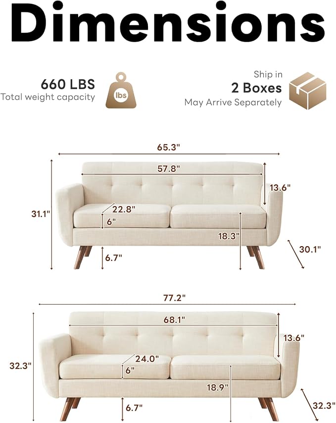 Tbfit Mid Century Modern Sofa Couch, Beige, Loveseat & Standard Sofa | linen fabric