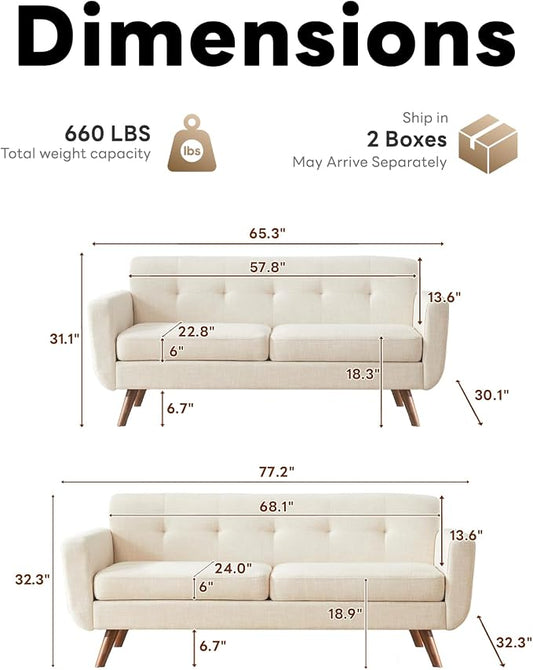 Tbfit Mid Century Modern Sofa Couch, Beige, Loveseat & Standard Sofa | linen fabric