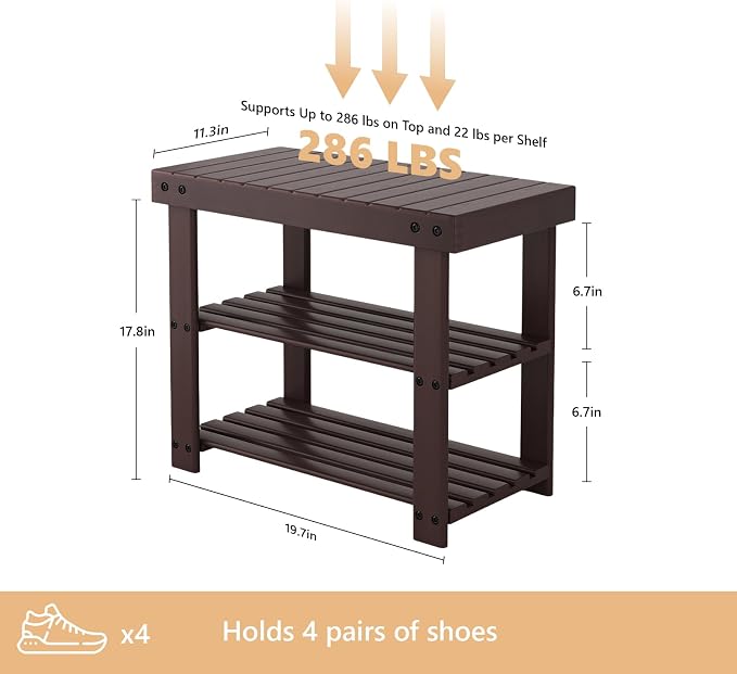 Sweetcrispy 3-Tier Shoe Rack Bench for Entryway, 19 Inches, Brown | Bamboo Shoe Storage Bench, Shoes Rack for Entrance, Living Room, Balcony, 4 Pairs, 286lb Capacity