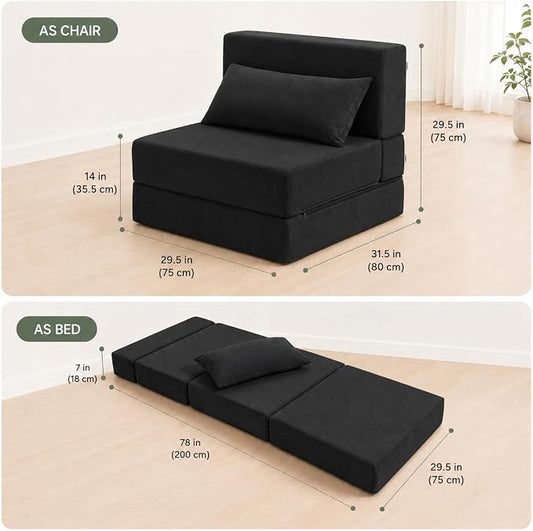 Folding Sofa Bed, Convertible Sleeper Chair with Pillow, Foldable Mattress & Back Support, Portable Floor Lounger Futon for Apartment, Dorm, Living Room, Bedroom (Black,)