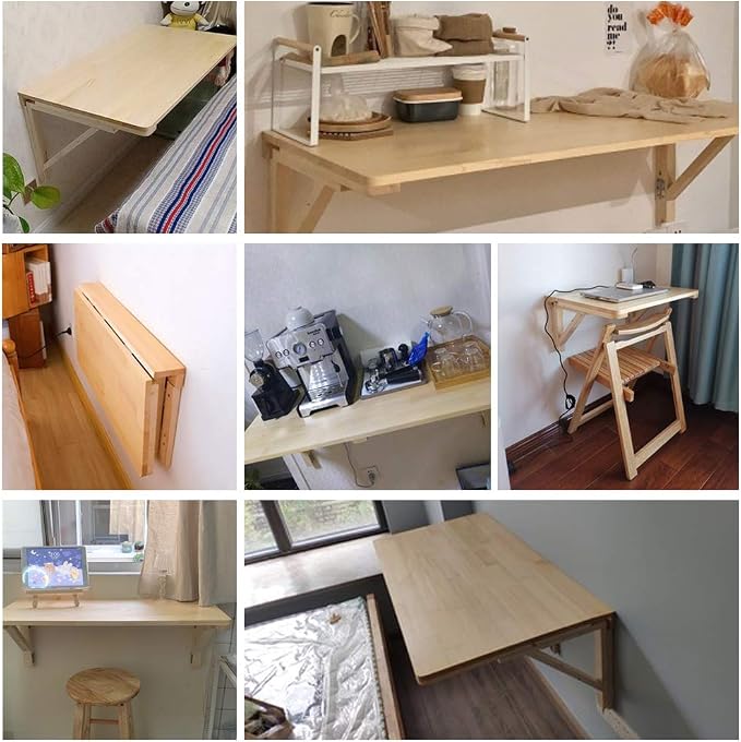 MM MELISEN Fold-Away Wall Table - Natural 31.4x23.6 Inch Wood Table that maximizes Space. Creates Instant Counter Space in Laundry, Kitchen, or Workshop. Ideal for Apartments and dorms
