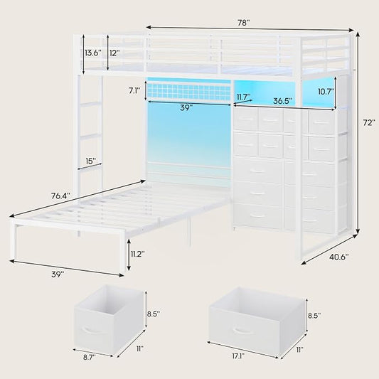 BTHFST Bunk Bed Twin Over Twin with 14 Storage Drawers & Bookshelf, Twin Bunk Beds with RGB LED Lights & Metal Grid Panel, Metal Bunk Beds for Kids with Safety Guardrails & Ladder, White
