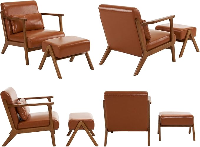 Accent Chair and Ottoman Set, Mid-Century Modern Faux Leather Armchair with Solid Wood Frame for Living Room, Bedroom, Balcony, Brown