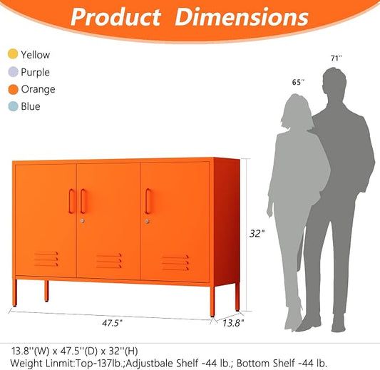 Metal Storage Cabinet with Lock and Adjustable Shelves, Freestanding Pantry Cabinet, Durable Metal 3-Door Storage Sideboard for Home Office Kitchen Orange 32" H X 47.3" W X 13.8" D
