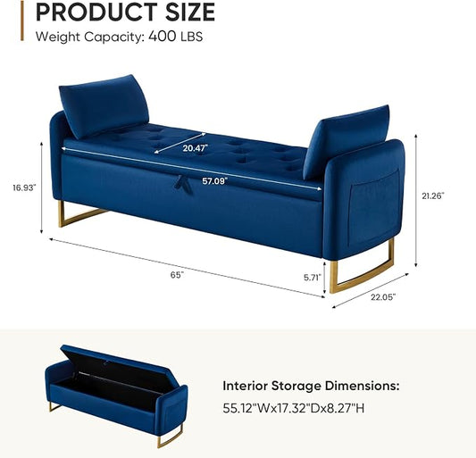 65" Storage Bench for Bedroom, Velvet End of Bed Bench, King Size Bed Benches for Foot with Tufted Button and Gold Legs, Upholstered Window Ottoman Benches with Armrests, Navy Blue