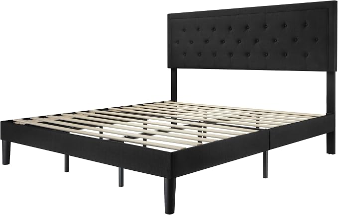 Allewie King Size Upholstered Platform Bed Frame with Adjustable Headboard, Button Tufted, Wood Slat Support, Easy Assembly, Black