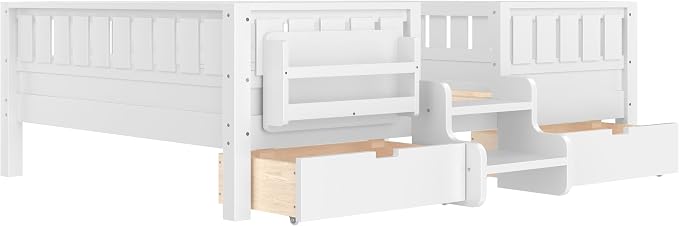 Bellemave Full Size Kids Bed with high Rails and with Built-in Bookshelf and Drawers for Kids, Girls, Boys, Wood Montessori Bed Without Door, White