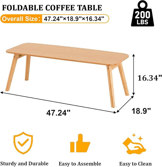 Baveke Folding Coffee Table- Foldable Floor Tables, Mid Century Coffee Table for Living Room, Small Coffee Tables Solid Wood Japanese Low Table for Sitting on Floor, No Assembly, 47.2''-Natural
