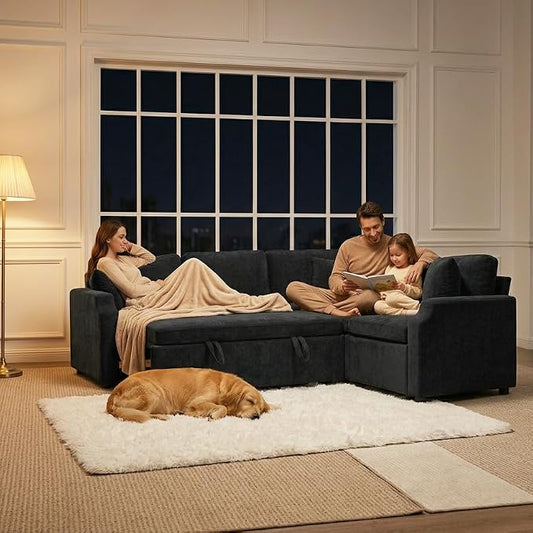 ROCANT 82 inch Modular Sectional Couch with Pull Out Bed, 5-Seat L-Shaped Chenille Sleeper Sofa with Reversible Chaise and 2 Pillows, Black