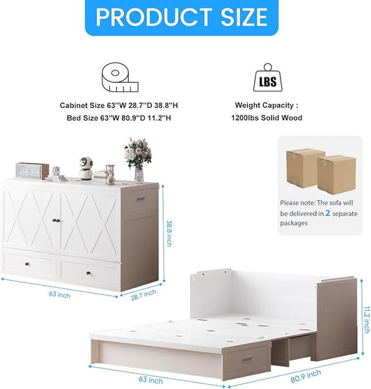 PUREMIND Murphy Bed Queen, X-Farmhouse Frames Cabinet Beds Chest with Charging Station & Storage Drawers, Convertible Hideaway Cabinet Bed for Guest Room, White, Without Mattress