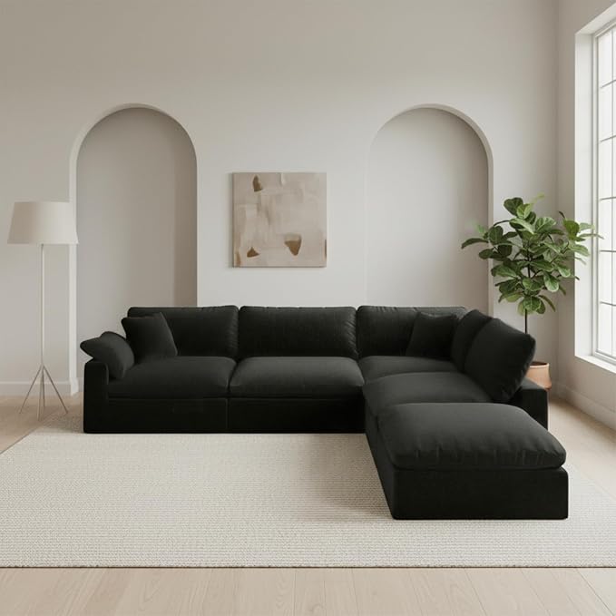 143" Cloud Modular Sectional Sofa,Black Down Filled Sofa 4 Seat with Chaise,Minimalist Sofa Cover Washable and Replaceable Couches for Living Room,Sectional Sofa Deep Seat
