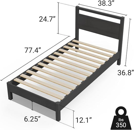 LIFEMENT Signature Wood Platform Bed Frame with Headboard, Essential, Noise Free, Under Bed Storage, No Box Spring Needed, Easy Assembly (Black, Twin)