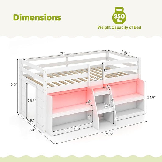 Giantex Twin Loft Bed with LED Lights, Wooden Loft Bed Twin Size with Stairs & Safety Guardrail, Low Loft Bed for Kids with Storage Bookcase and Under-Bed Play Space, White