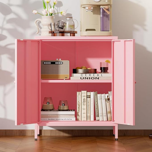 2 Door Metal Accent Storage Cabinet for Home, Living Room,Office Room,Kitchen-Metal Locker Cabinet with 1 Adjustable Shelves-2-Tier (Small 2 Door Cabinet, Pink)