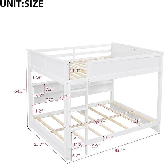 Queen Over Queen Bunk Bed with Built-in Shelves and USB Ports, Solid Wood Bunk Bed Frame with Safety Guardrail, for Kids Boys Girls Bedroom, No Box Spring Needed (White)