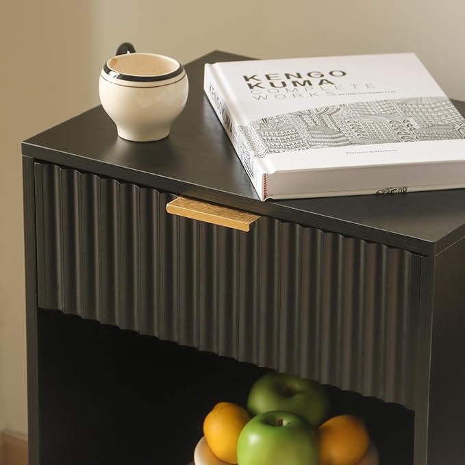 Fultyle Black Fluted Nightstand, Modern Bedside Table with Drawer and Open Storage, End Side Table Living Room with Solid Wood Legs for Bedroom (Black)