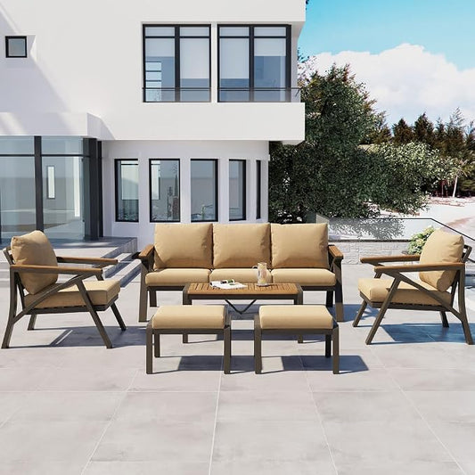 6-Piece Outdoor Patio Furniture Set, Steel Frame Sofa Set with 3-Seat Couch, 2 Armchairs, 2 Ottomans Coffee Table, Cushioned Seating for Backyard, Garden, Poolside, Brown Cushion