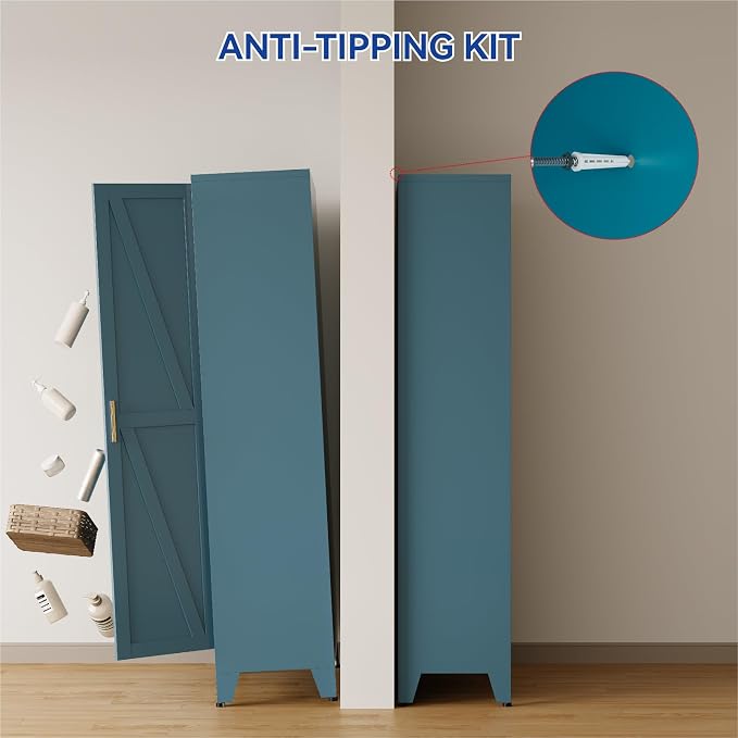 COFaR 61'' Tall Metal Storage Cabinet, Farmhouse Kitchen Pantry Cabinet with Doors and 3 Adjustable Shelves, Metal Pantry Storage Cabinets for Kitchen, Laundry, Peacock Blue 4-Tier