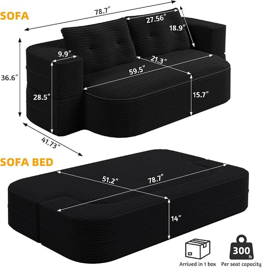 78.7" Futon Sofa Bed, 2-in-1 Foldable Sleeper Sofa, Convertible Sofa Bed with Pillows, Corduroy Couch with Multi Functional Blanket Upholstered Boneless Couches for Living Room, Jet Black