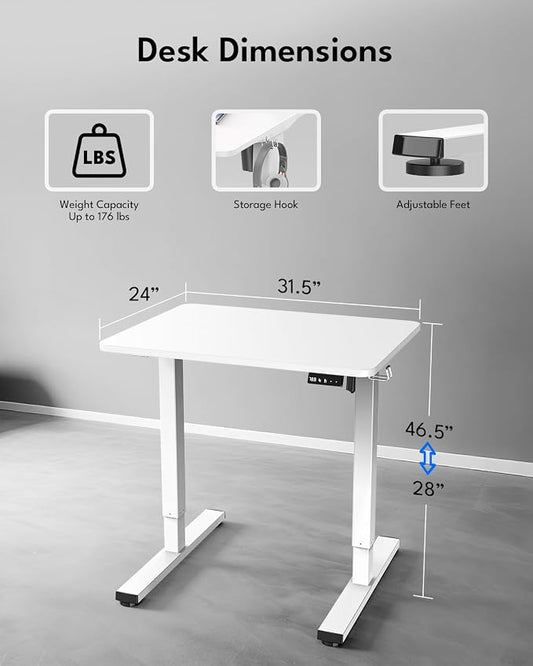 Standing Desk, Height Adjustable Electric Stand up Desk, 31.5 x 24 Inches Sit Stand Home Office Desk with Splice Board, White Frame/White Top