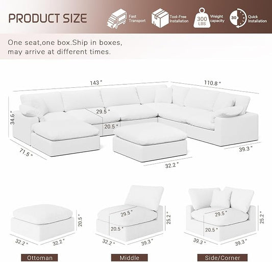 Cloud Modular Sectional Sofa,253.8" Down Filled Sofa 7 Seat with Chaise,Minimalist Sofa Cover Washable and Replaceable Couches for Living Room,Sectional Sofa Deep Seat