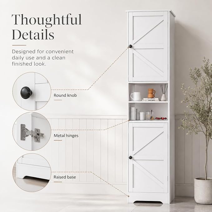 Viaozutis Tall Bathroom Storage Cabinet, Slim Freestanding Cabinet with Adjustable Shelves, Vertical Storage Organizer for Small Bathrooms, Toilet Paper & Daily Essentials Storage(White)