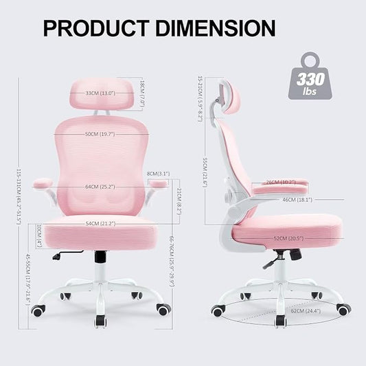 Ergonomic Office Chair,Ultra Thick Spring Cushion Desk Chair,Pink | Adjustable Lumbar Support and Headrest,Flip-up Arms,Rocking Function,Mesh Home Office Computer Chair