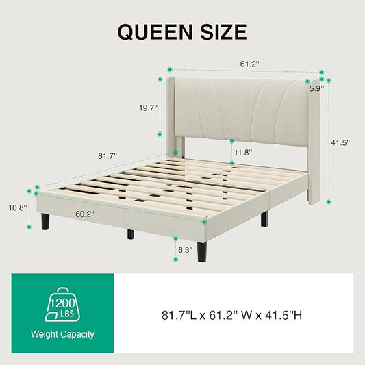 Novilla Bed Frame Queen Size, Queen Bed Frame with Headboard, Velvet Upholstered Wing Side Headboard, No Box Spring Needed, Heavy Duty Feet, Easy Assembly, White Velvet