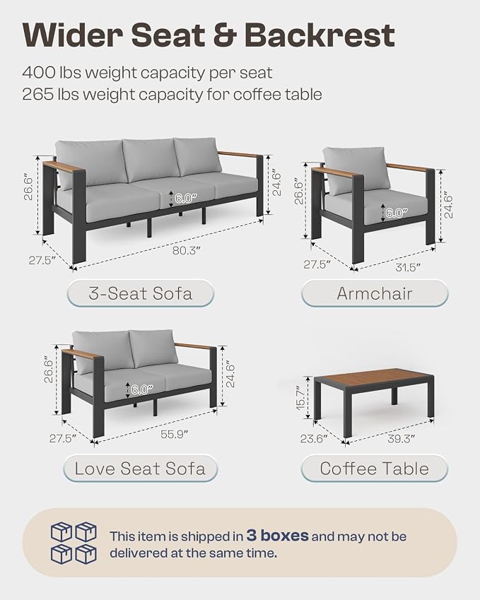 Aluminum Outdoor Patio Furniture Loveseat, All-Weather Outdoor Patio Sofa with Washable Thick Cushion, Patio Sofa Couch for Porch, Balcony, Deck, Yard, Gray